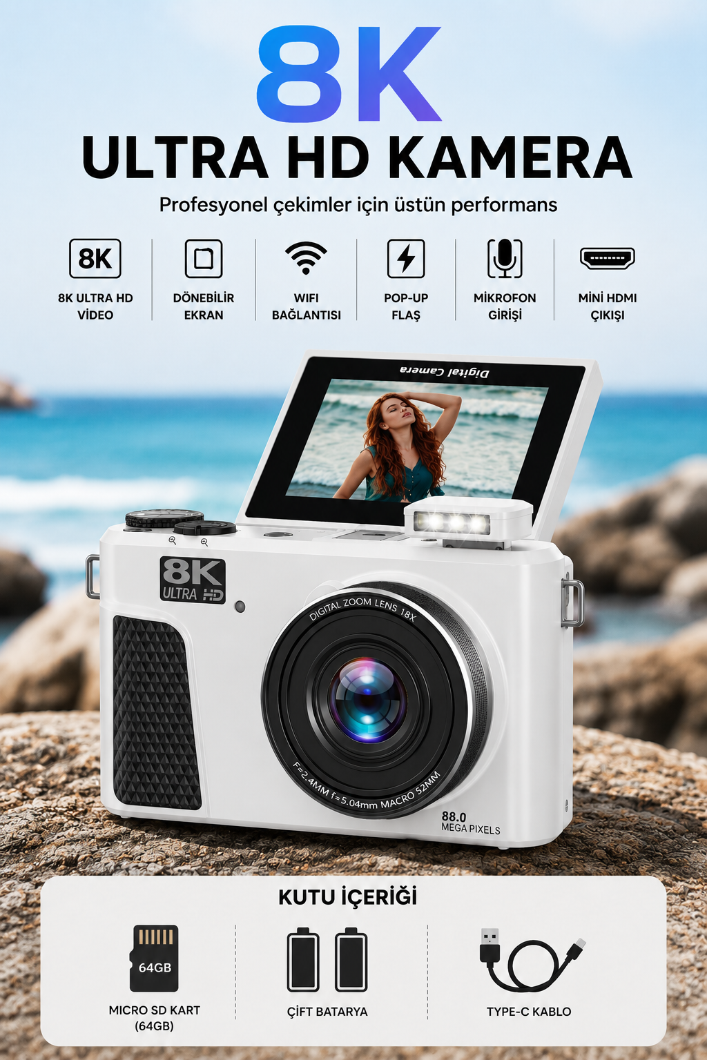 UltraPix 8K HD Vlog Selfie Ekran Video Foto Kamera (Beyaz)