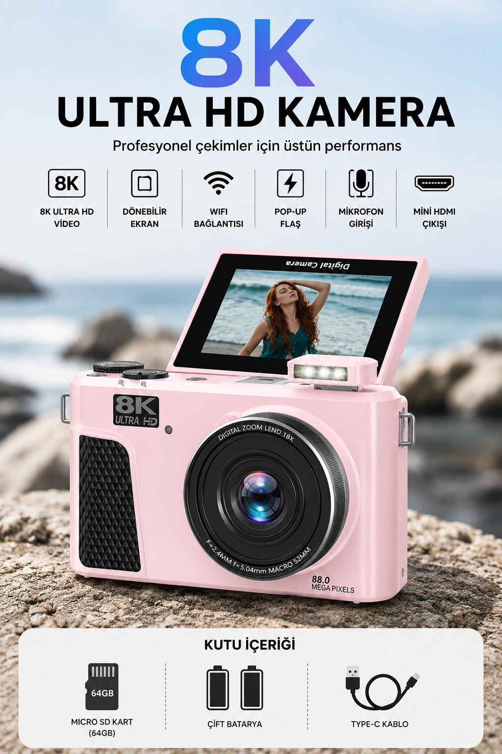 UltraPix 8K HD Vlog Selfie Ekran Video Foto Kamera (Pembe)