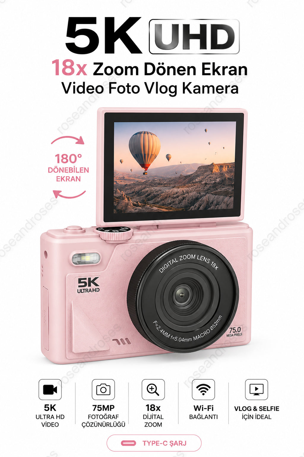 5K UHD 18x Zoom Dönen Ekran Video Foto Vlog Kamera (Pembe