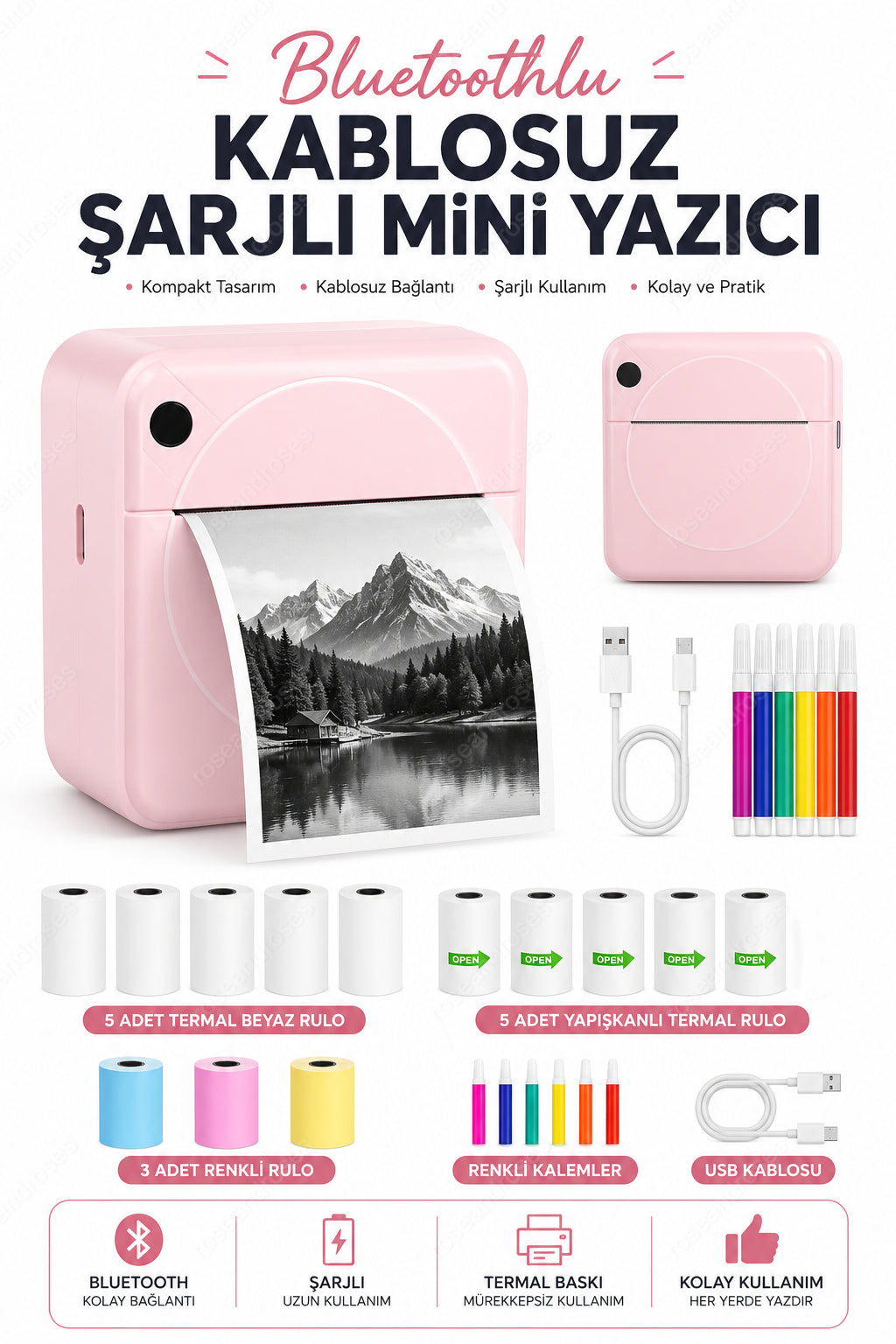 Bluetoothlu Kablosuz Mini Şarjlı Termal Siyah-Beyaz Yazıcı (Pembe)