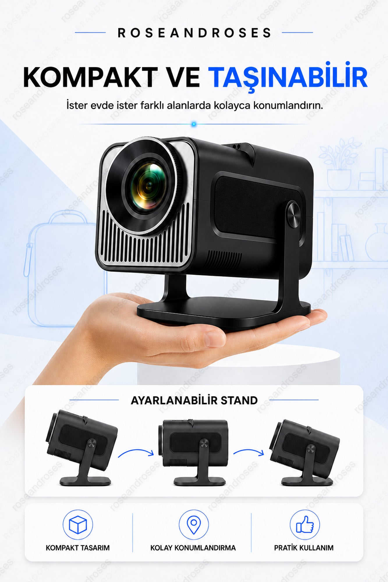 Taşınabilir Akıllı Dahili Wifi Özellikli Otomatik Düzeltmeli Mini Projektör