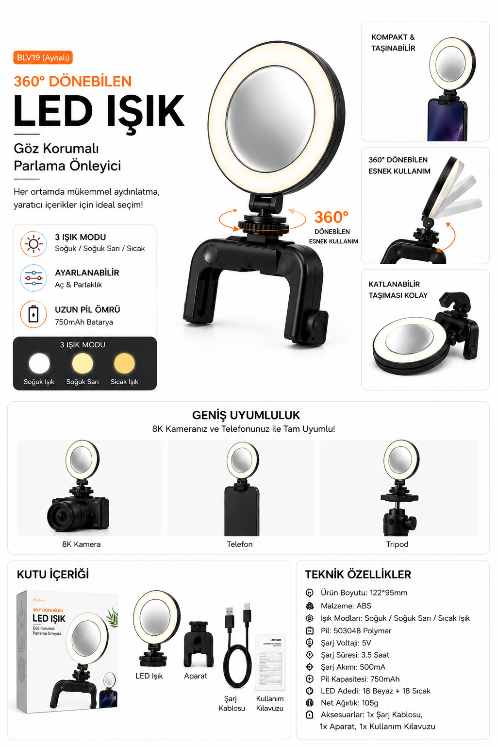8K Kamera Tripod ve Telefon Uyumlu Ayarlanabilir Şarjlı Led Işık