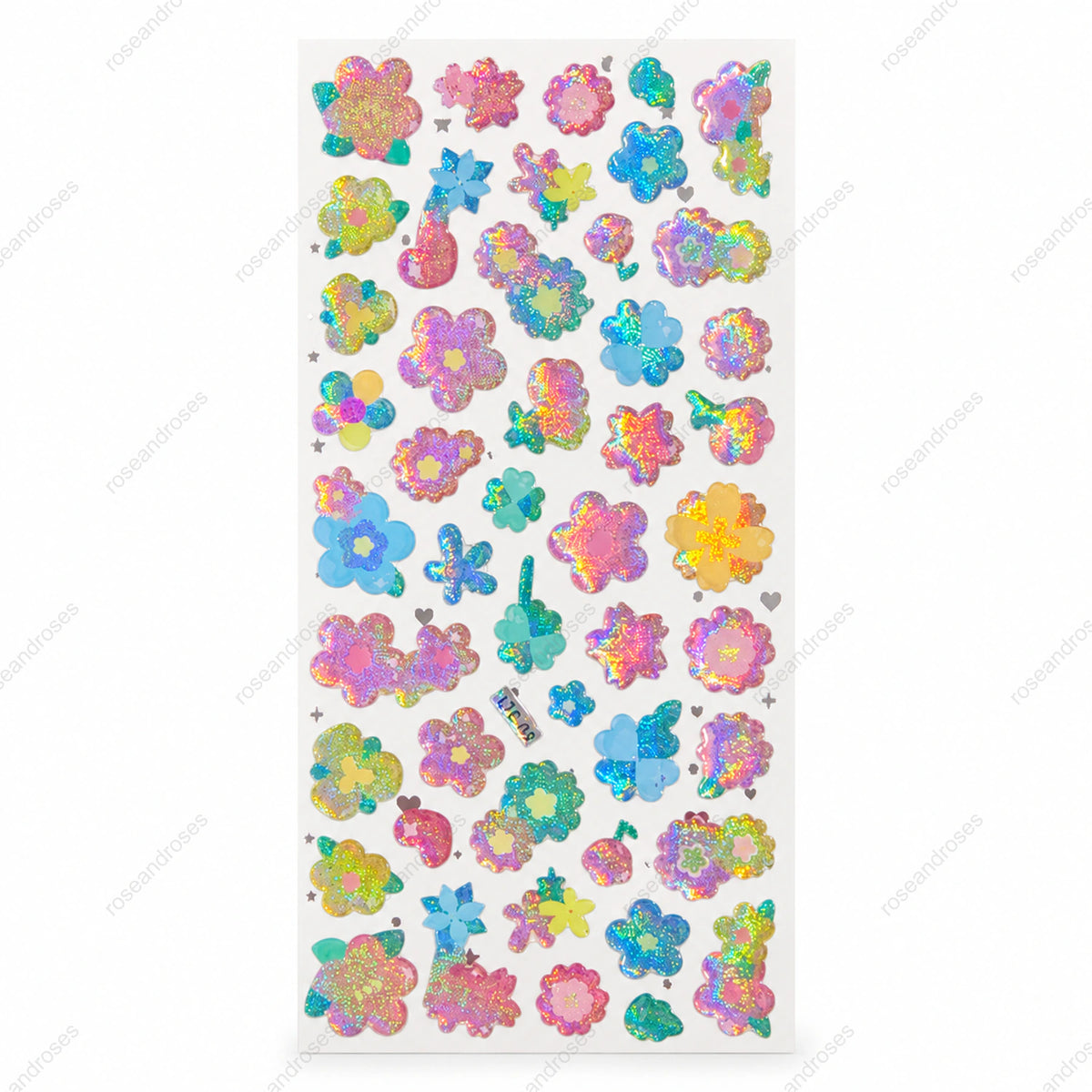 Holografik pastel çiçek desenli crystal sticker sayfası – ROSEANDROSES