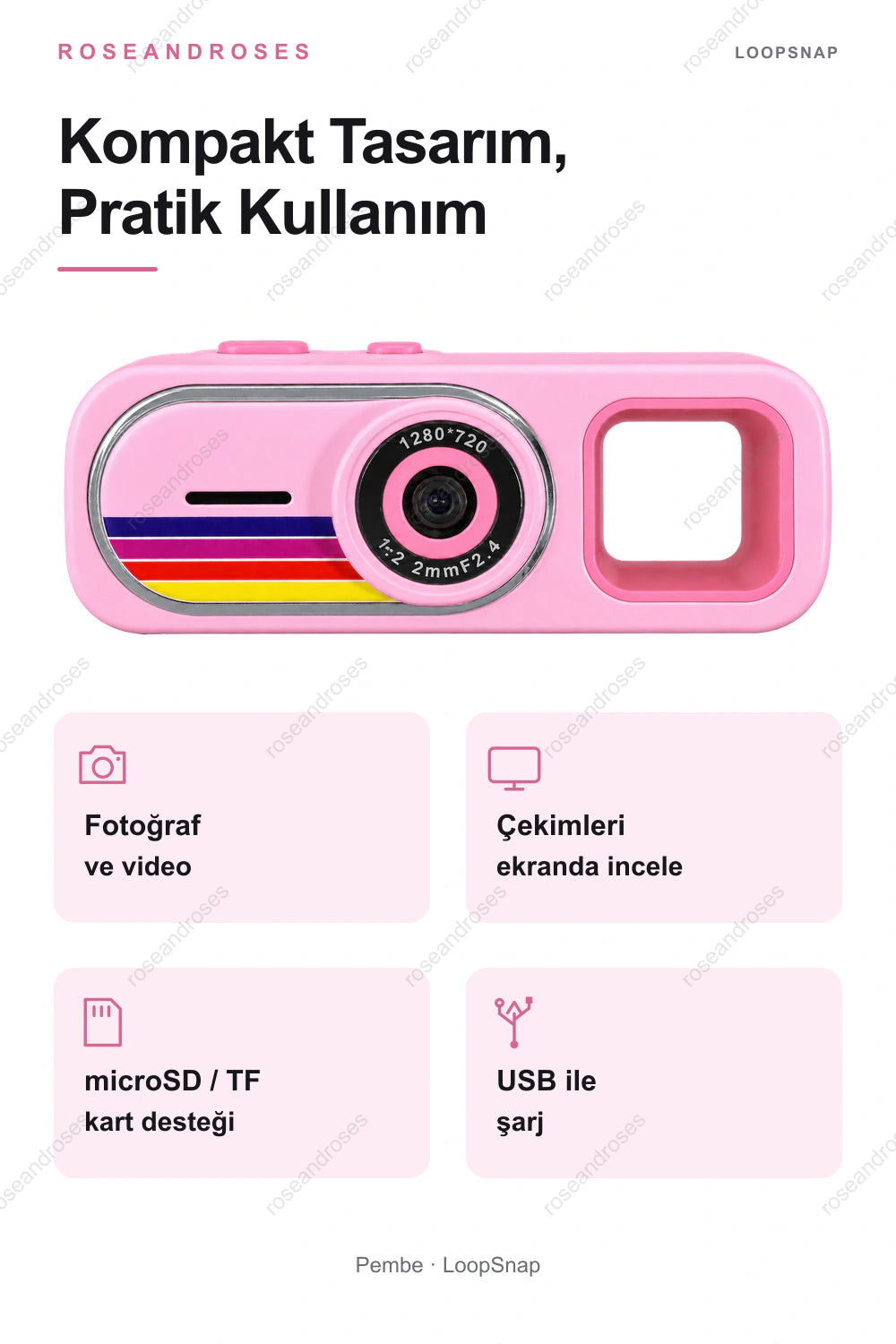 LoopSnap mini kameranın pratik kullanım özellikleri (Pembe)
