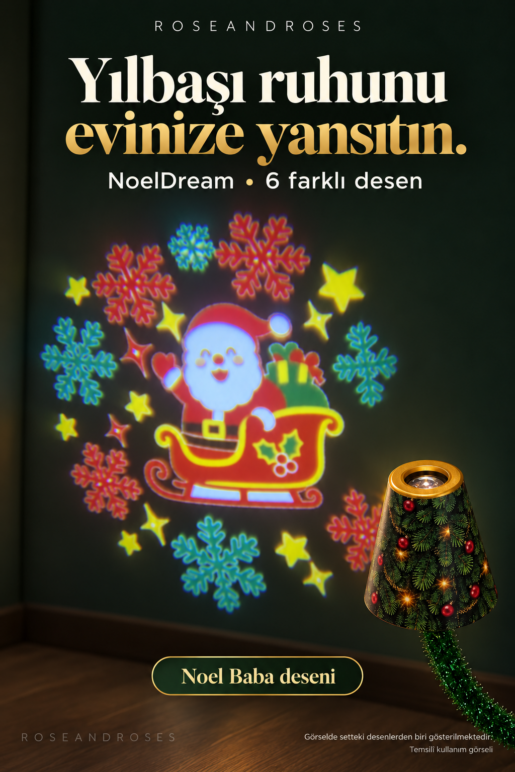 NoelDream setindeki Noel Baba, kızak, yıldız ve kar taneli desenin temsilî yansıtma sahnesi; ROSEANDROSES filigranlı