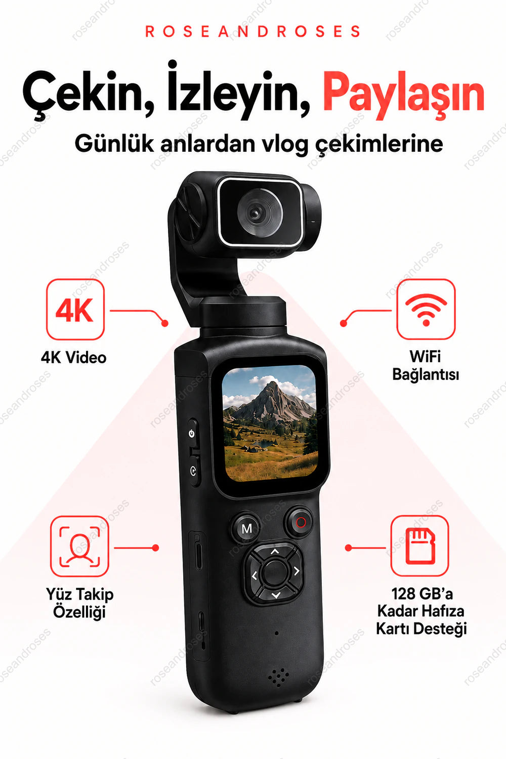 Siyah PocketCam 4K WiFi yüz takibi ve 128 GB hafıza kartı desteği