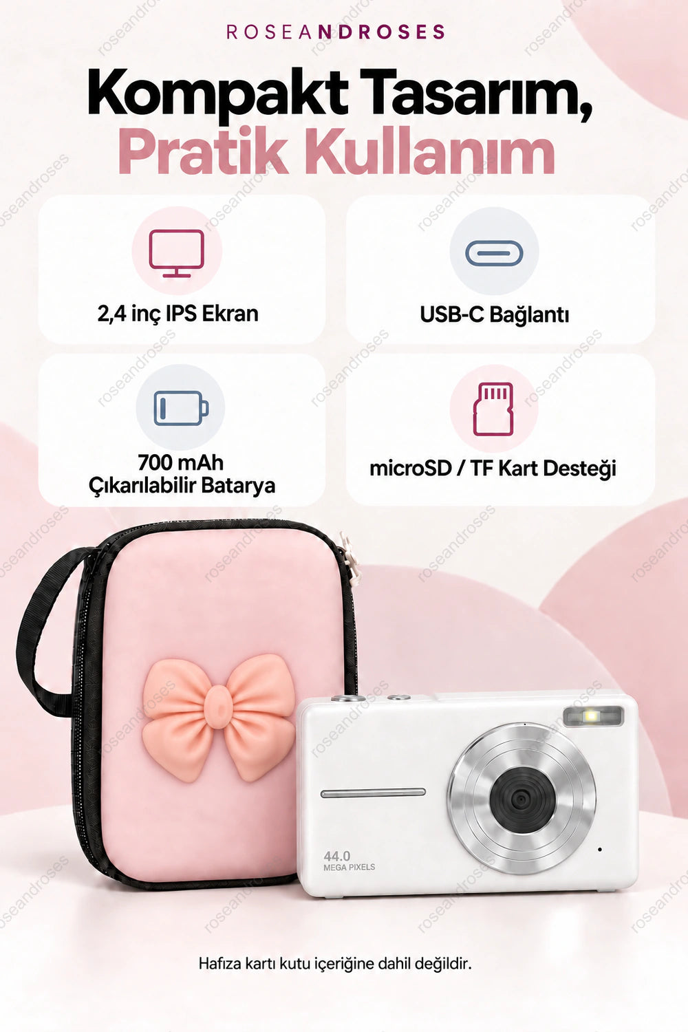 RetroSnap Beyaz ekran, USB-C, batarya ve hafıza kartı desteği
