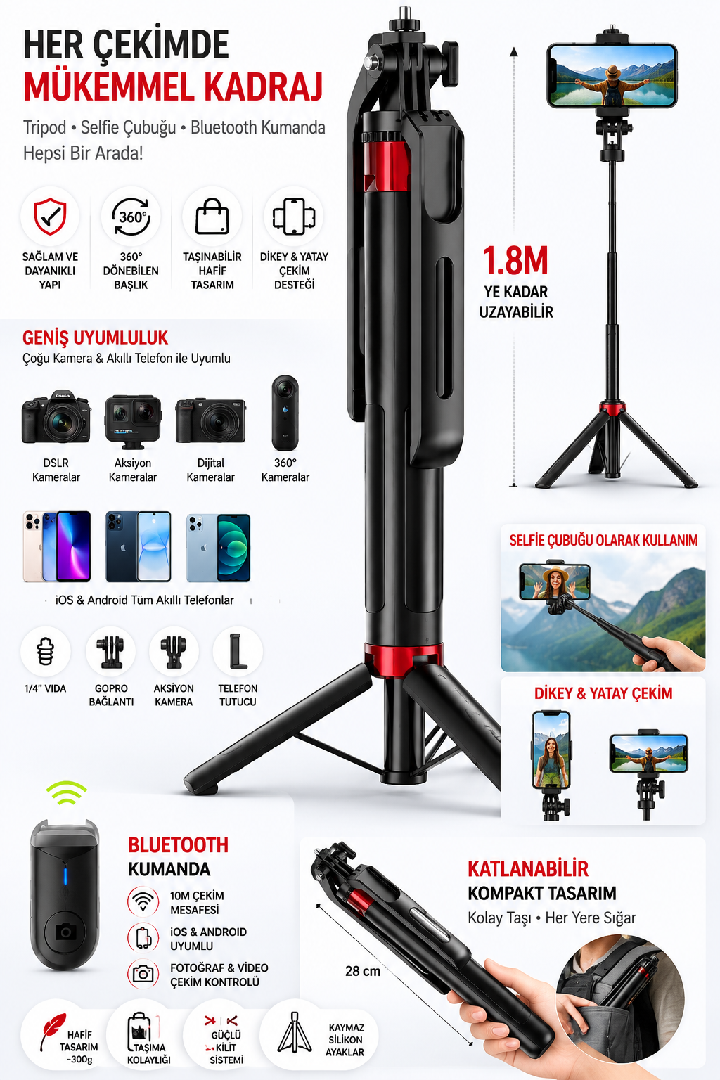 Kamera ve Telefon Uyumlu Selfie Çubuğu Ayaklı Tripod (1.8m)