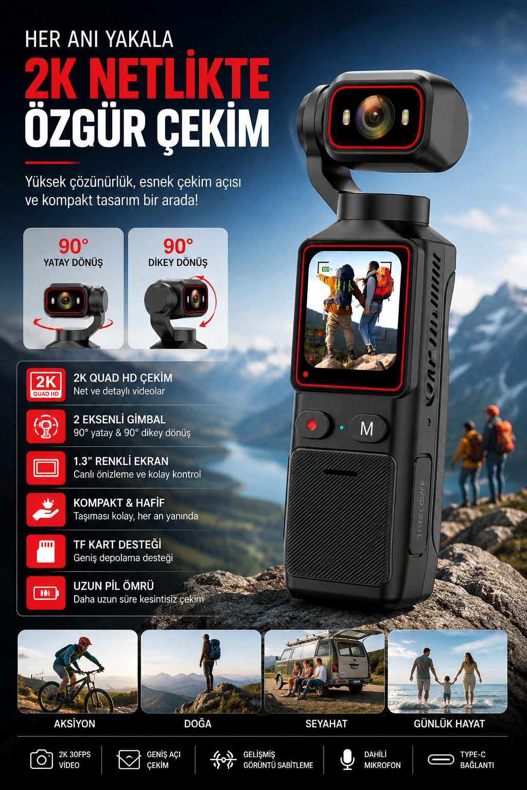 Pocket Cam 2K Vlog Aksiyon Kamera Ips Ekran Ayarlanabilir Lens Stabil Çekim Özellikli