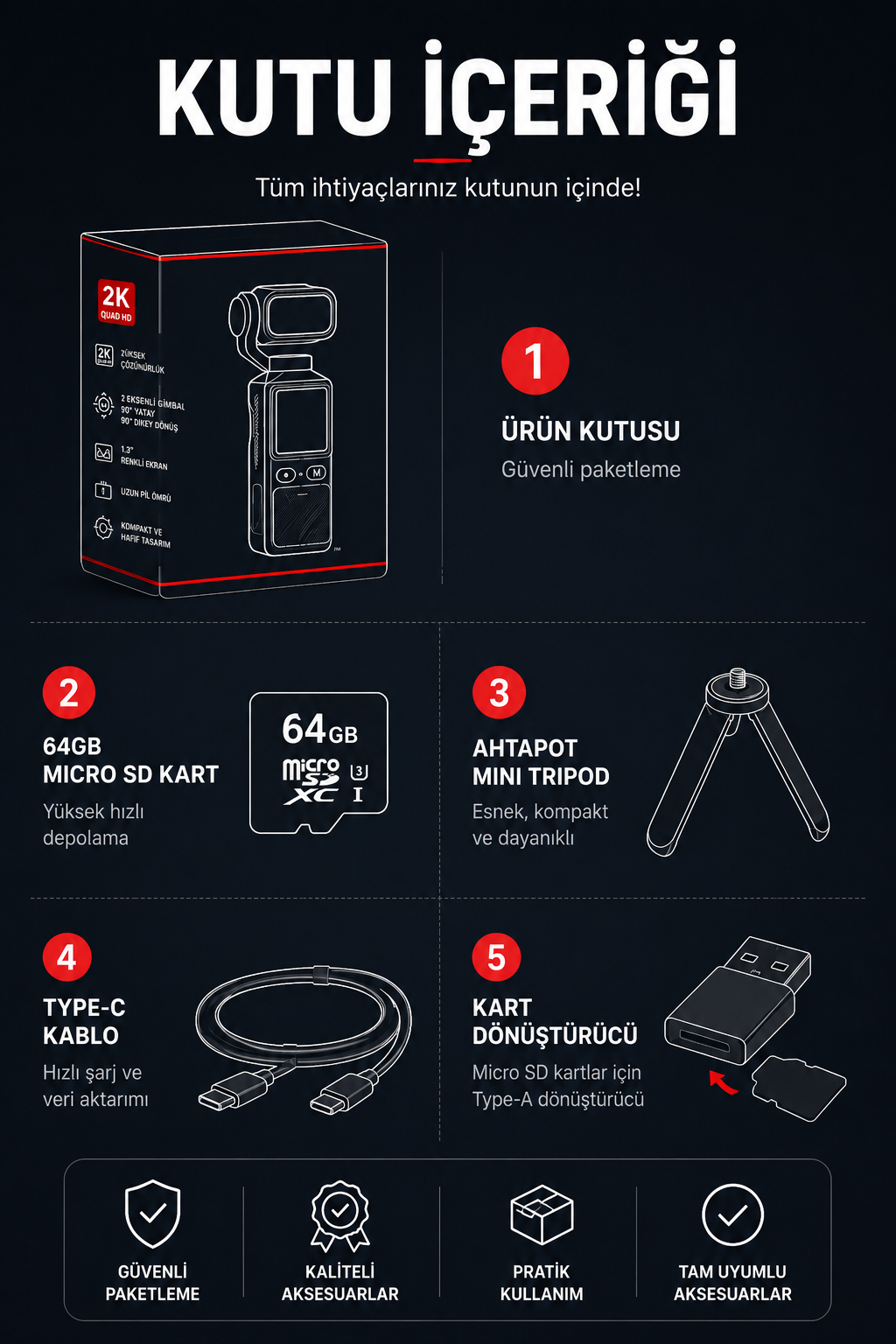 Pocket Cam 2K Vlog Aksiyon Kamera Ips Ekran Ayarlanabilir Lens Stabil Çekim Özellikli