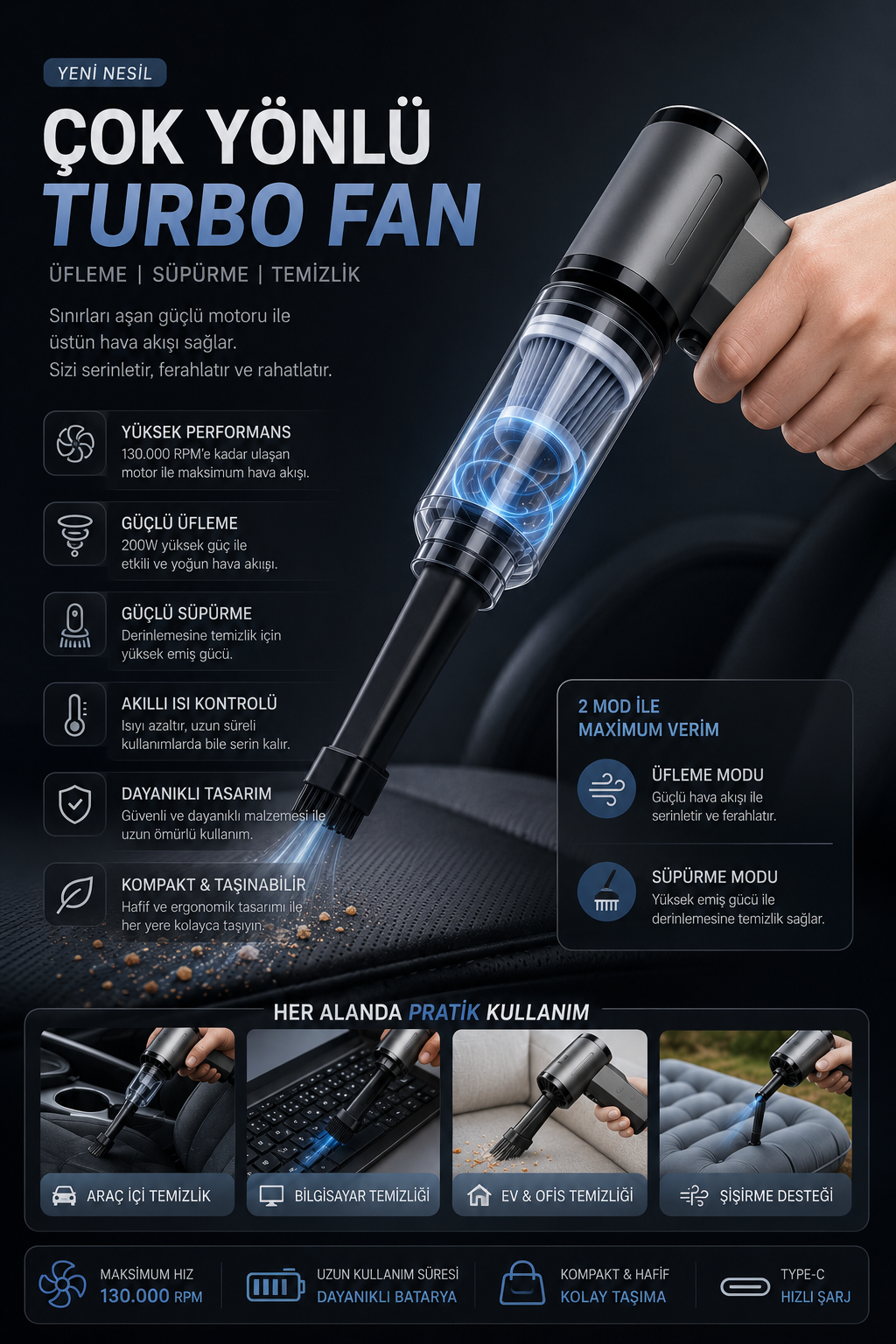 Çok Yönlü Hava Üfleyici Mini Süpürge Turbo Fan