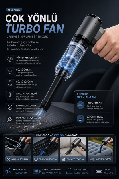 Çok Yönlü Hava Üfleyici Mini Süpürge Turbo Fan