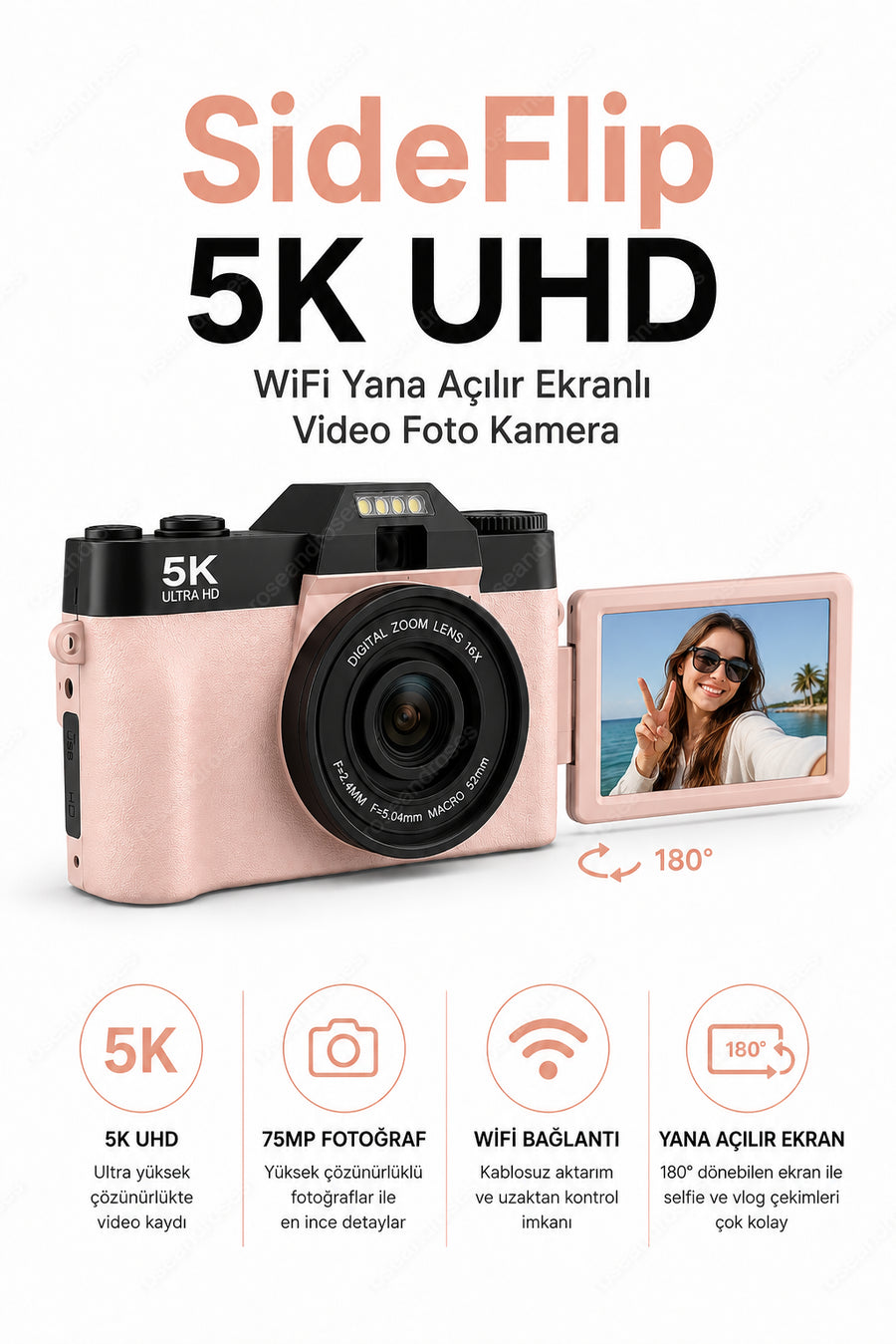 SideFlip 5K UHD WiFi Yana Açılır Ekranlı Video Foto Kamera (Pembe)