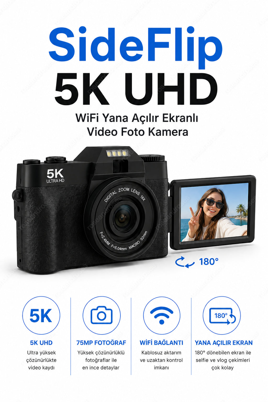 SideFlip 5K UHD WiFi Yana Açılır Ekranlı Video Foto Kamera (Siyah)