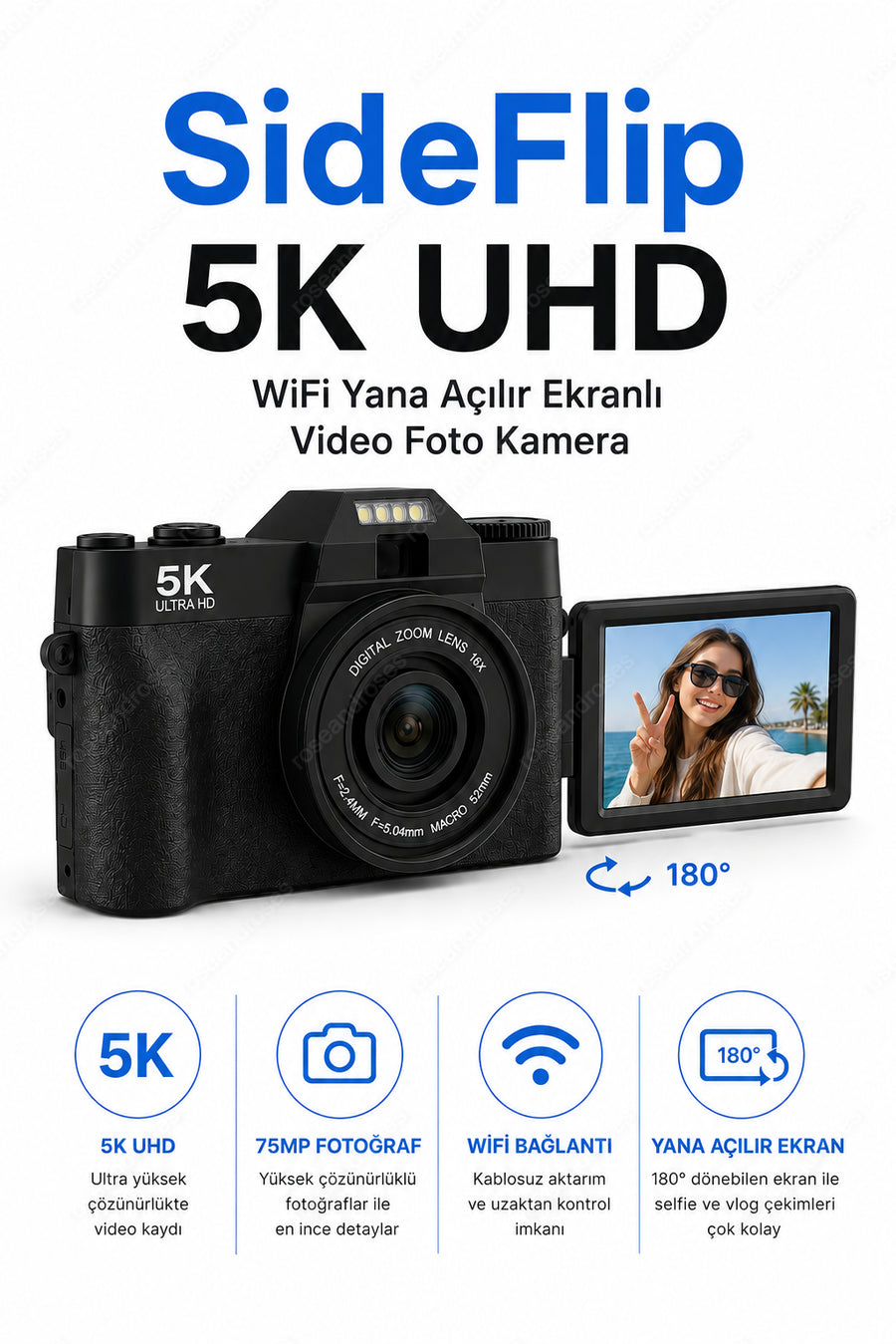 SideFlip 5K UHD WiFi Yana Açılır Ekranlı Video Foto Kamera (Siyah)