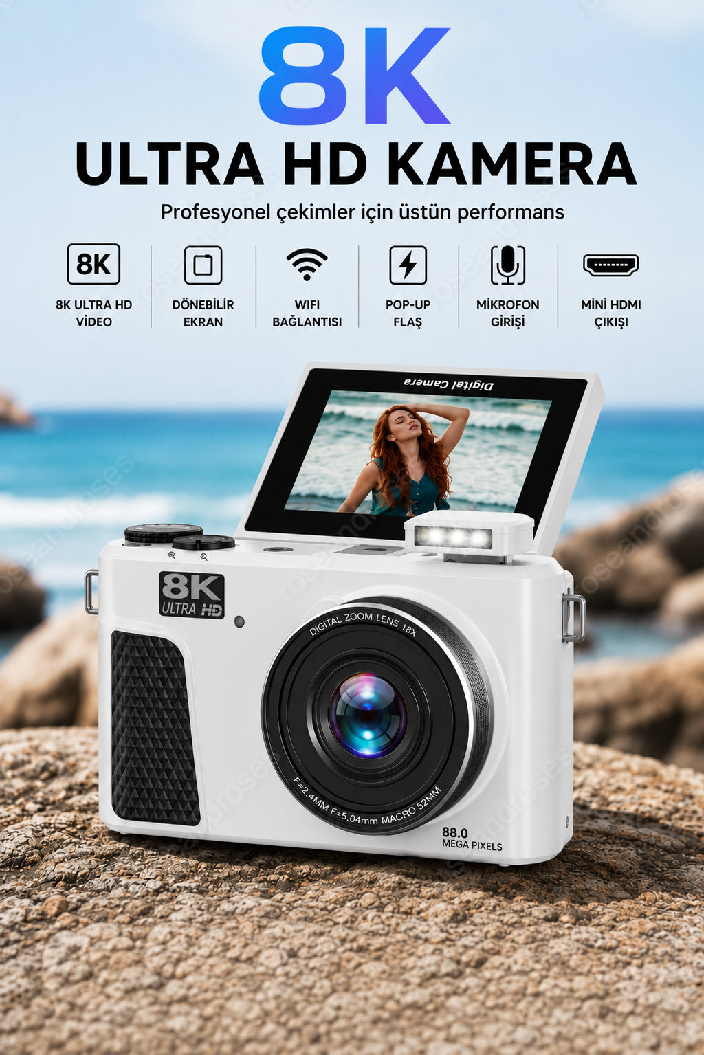 UltraPix 8K HD Vlog Selfie Ekran Video Foto Kamera (Beyaz)