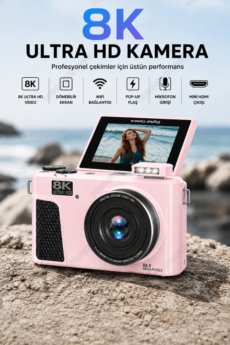 UltraPix 8K HD Vlog Selfie Ekran Video Foto Kamera (Pembe)