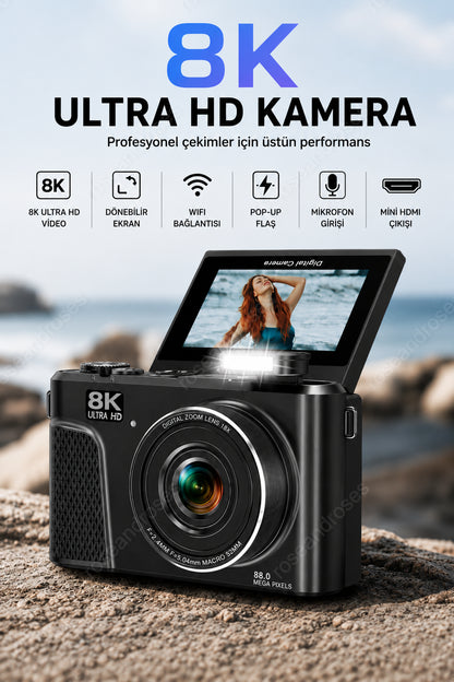 UltraPix 8K HD Vlog Selfie Ekran Video Foto Kamera (Siyah)