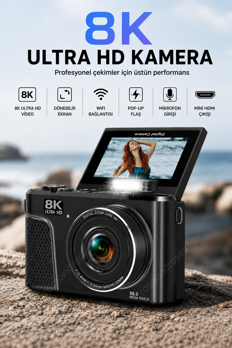 UltraPix 8K HD Vlog Selfie Ekran Video Foto Kamera (Siyah)