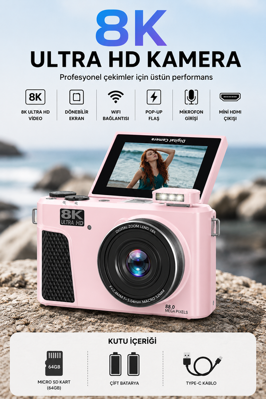 UltraPix 8K HD Vlog Selfie Ekran Video Foto Kamera (Pembe)