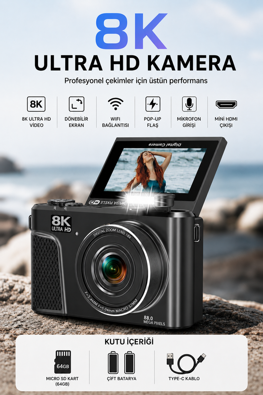 UltraPix 8K HD Vlog Selfie Ekran Video Foto Kamera (Siyah)