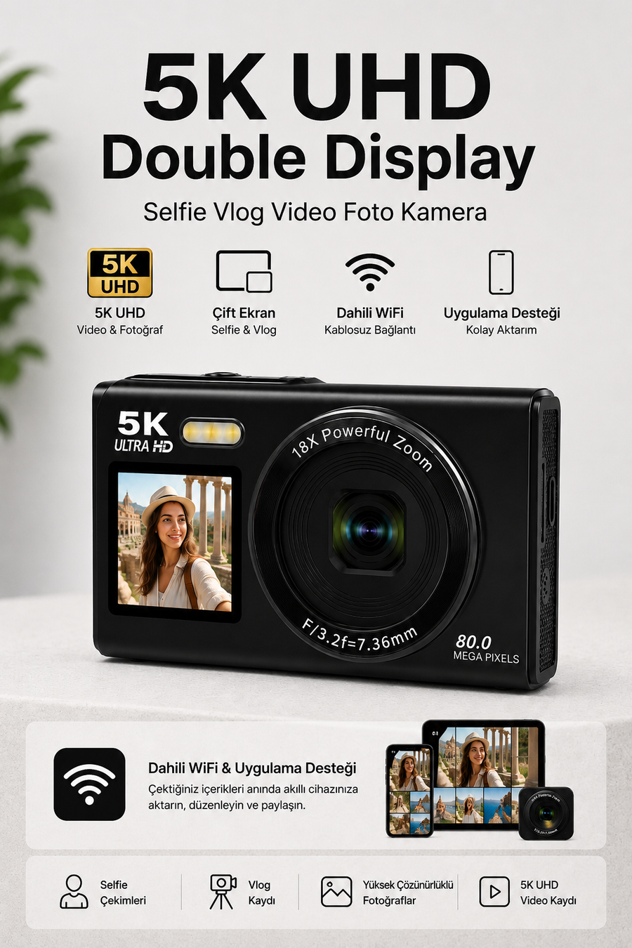 5K UHD Double Display Selfie Vlog Video Foto Kamera (Siyah)