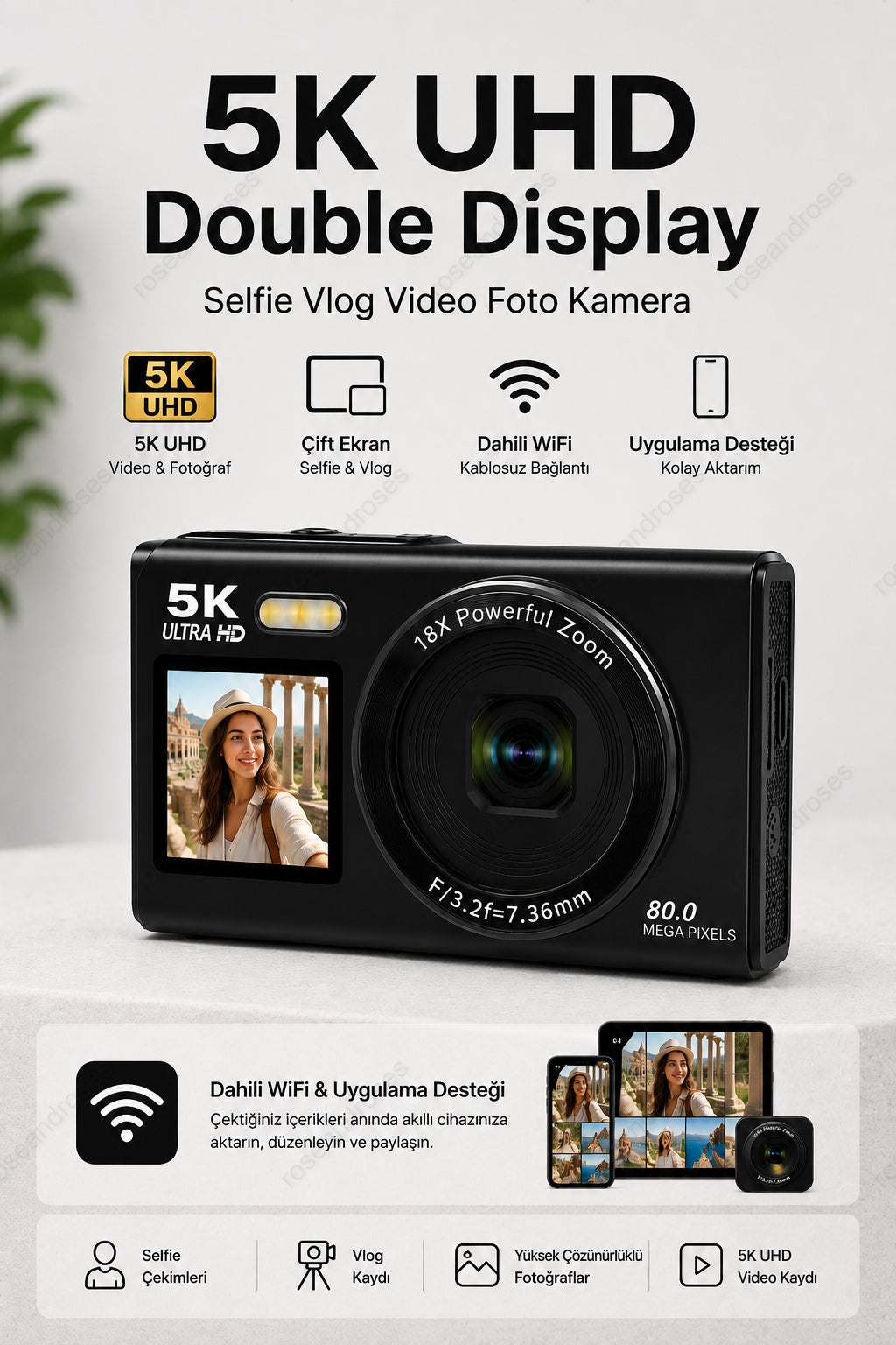 5K UHD Double Display Selfie Vlog Video Foto Kamera (Siyah)