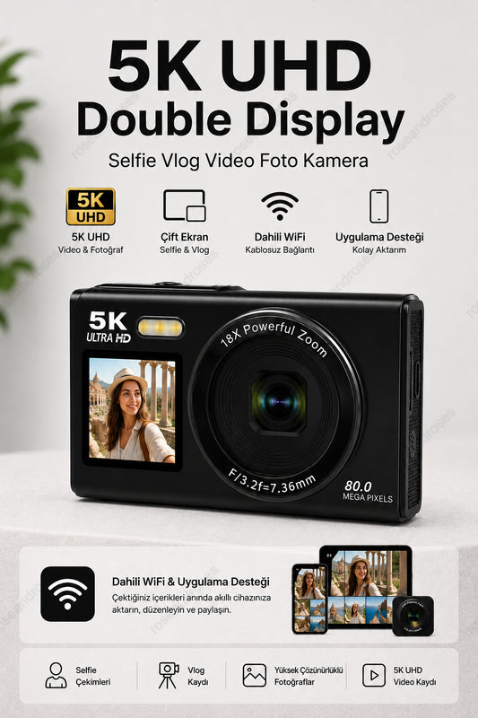 5K UHD Double Display Selfie Vlog Video Foto Kamera (Siyah)