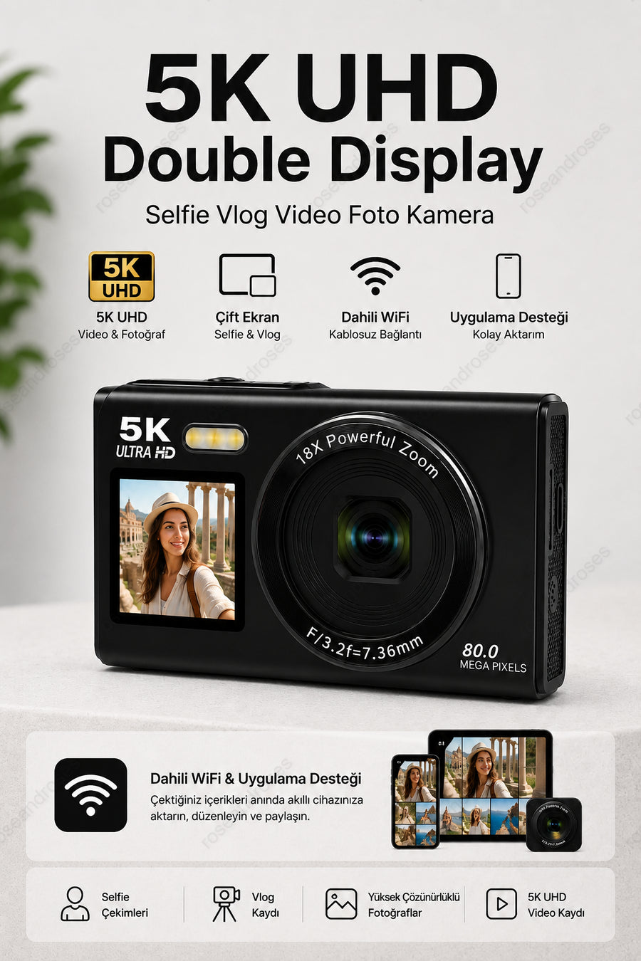 5K UHD Double Display Selfie Vlog Video Foto Kamera (Siyah)