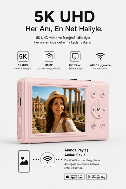5K UHD Double Display Selfie Vlog Video Foto Kamera (Pembe)