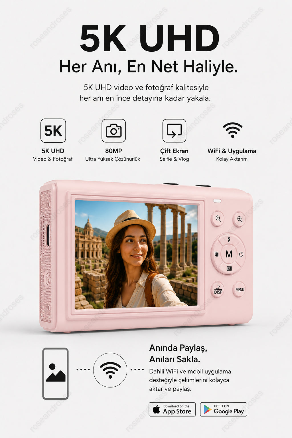 5K UHD Double Display Selfie Vlog Video Foto Kamera (Pembe)