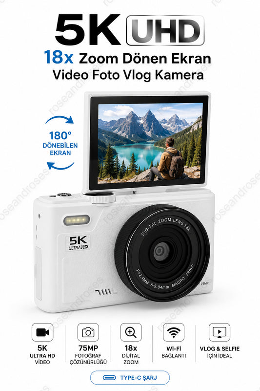 5K UHD 18x Zoom Dönen Ekran Video Foto Vlog Kamera (Beyaz)