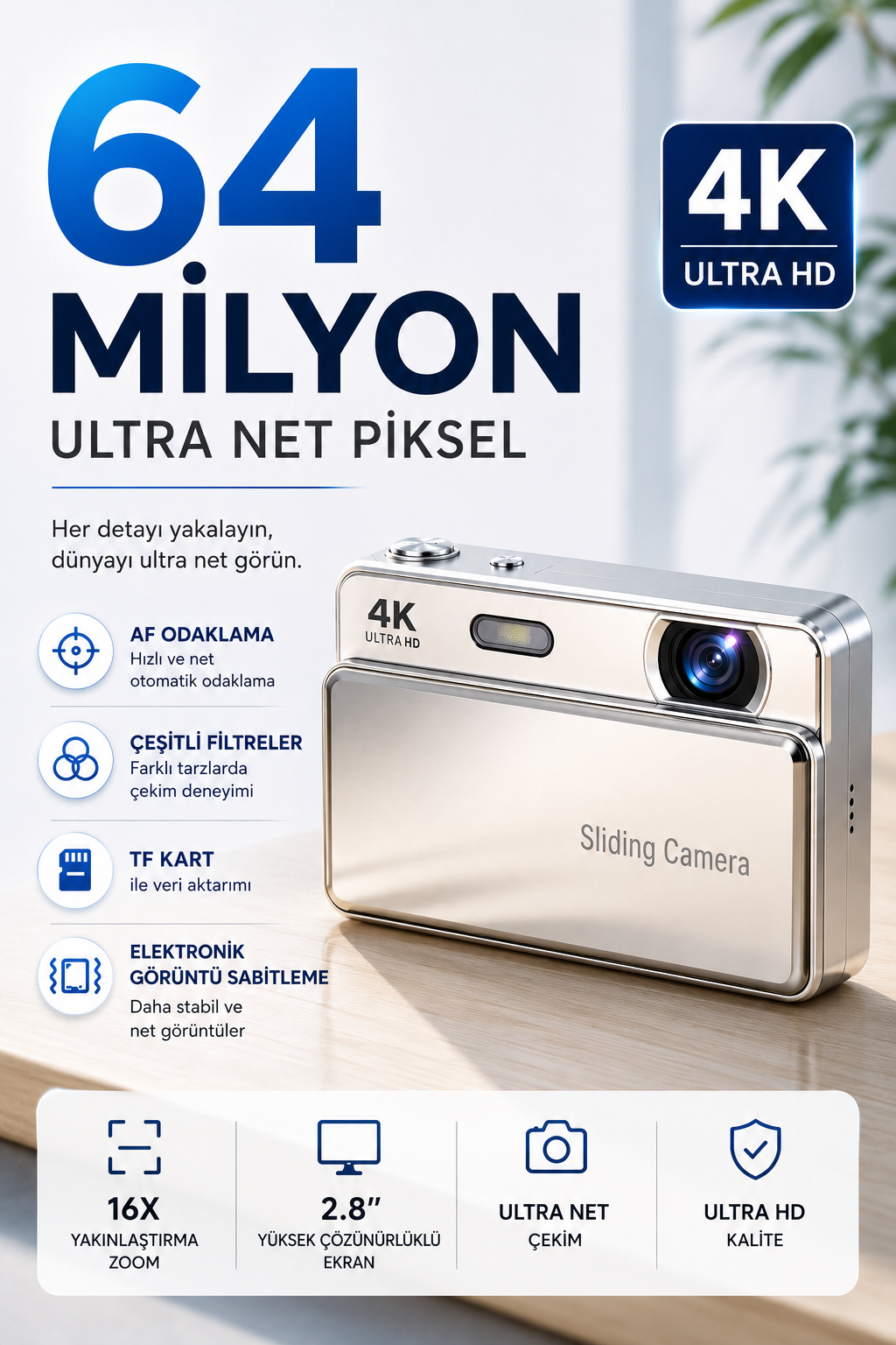 4K UHD Sliding Kamera – Kaydırmalı Lens Kapaklı Video Foto Kamera (Pembe)
