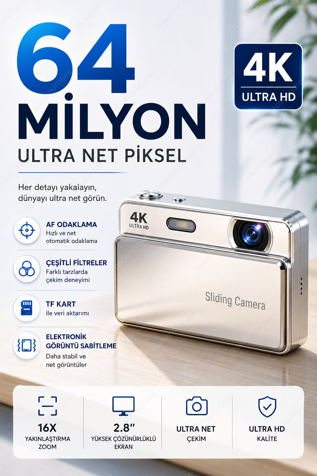 4K UHD Sliding Kamera – Kaydırmalı Lens Kapaklı Video Foto Kamera (Pembe)