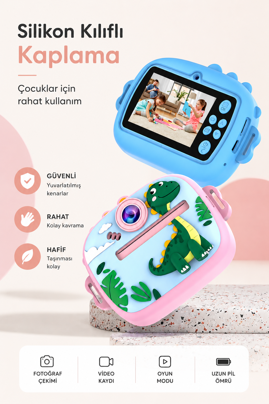 Silikon Korumalı Çift Kameralı Çocuk Printer Kamera (Dino Pembe)
