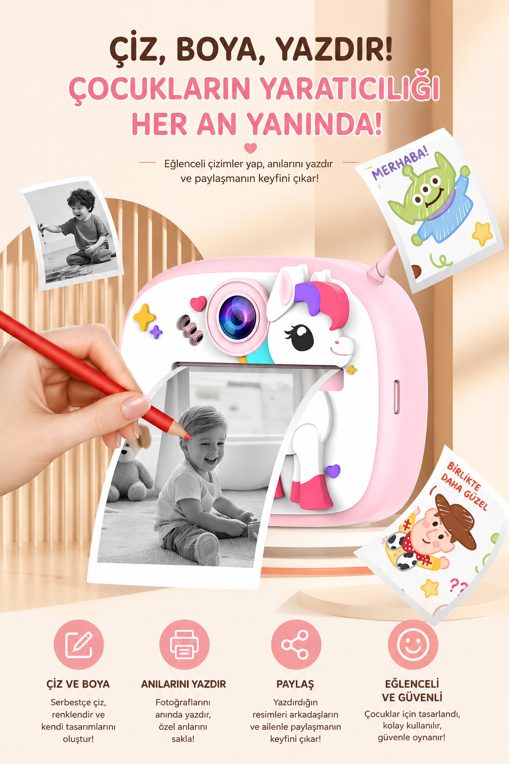 Silikon Korumalı Çift Kameralı Çocuk Printer Kamera (Dino Pembe)