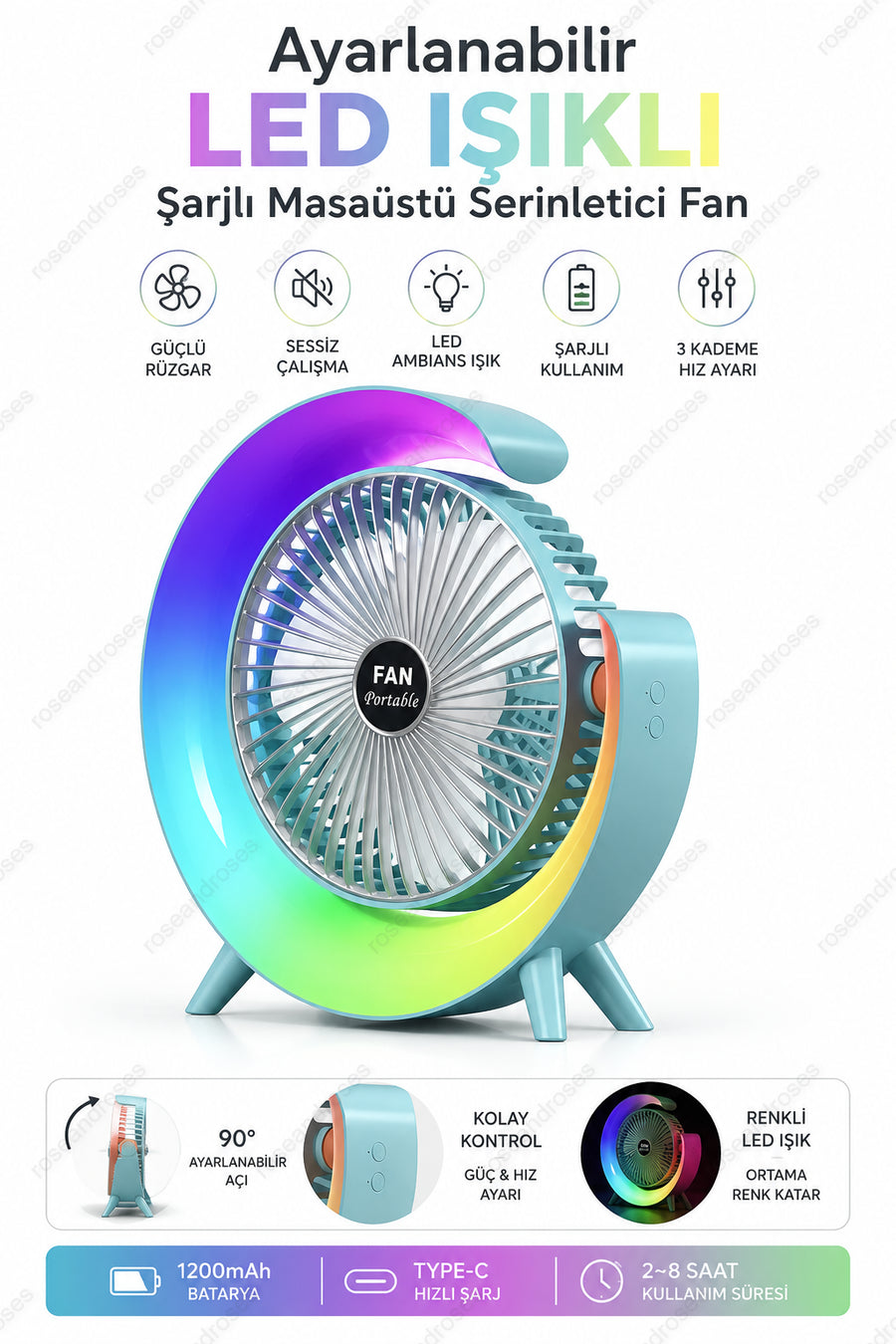 Ayarlanabilir Led Işıklı Şarjlı Masaüstü Serinletici Fan