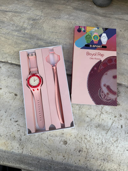 2’si 1 Arada Çıkarılabilir Kadranlı Charm Askılı Unisex Kol Saati (Pembe)