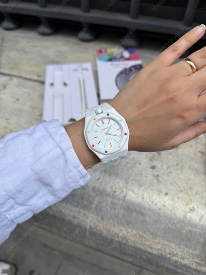 2’si 1 Arada Çıkarılabilir Kadranlı Charm Askılı Unisex Kol Saati (Beyaz)