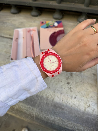 2’si 1 Arada Çıkarılabilir Kadranlı Charm Askılı Unisex Kol Saati (Pembe)