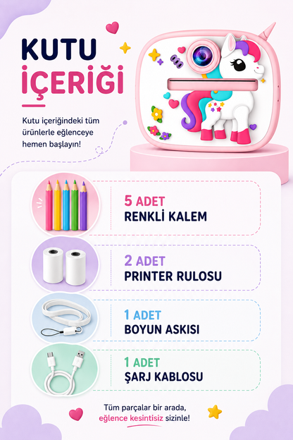 Silikon Korumalı Çift Kameralı Çocuk Printer Kamera (Dino Pembe)