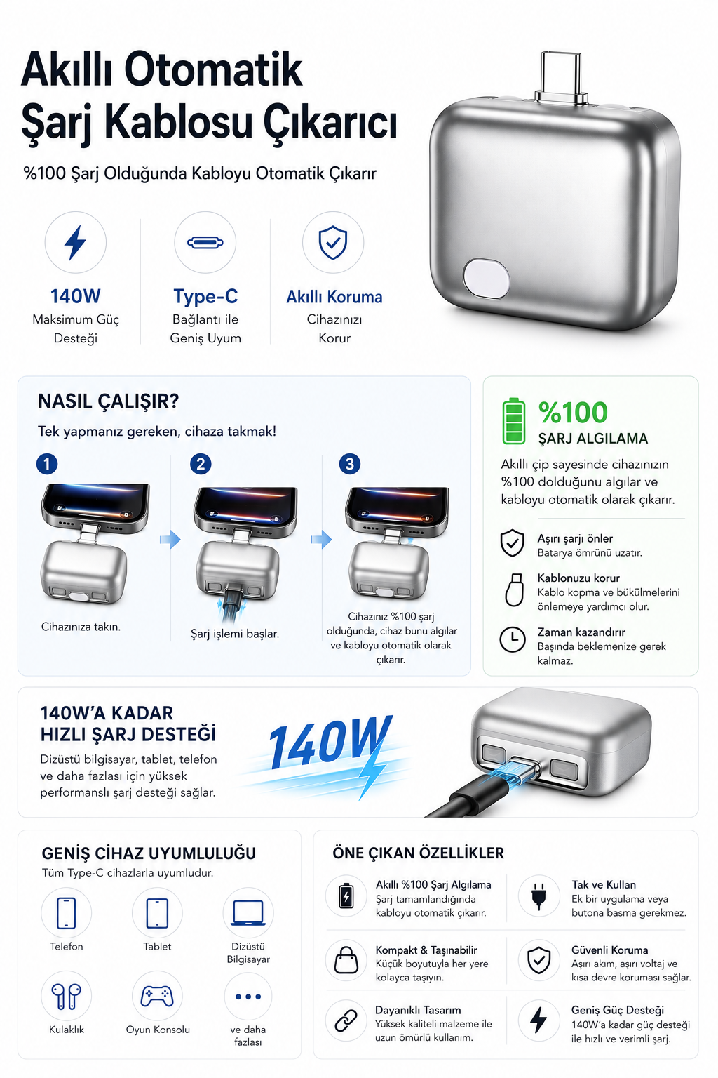 Akıllı Otomatik Şarj Kablosu Çıkarıcı