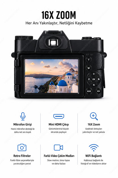 SideFlip 5K UHD WiFi Yana Açılır Ekranlı Video Foto Kamera (Pembe)