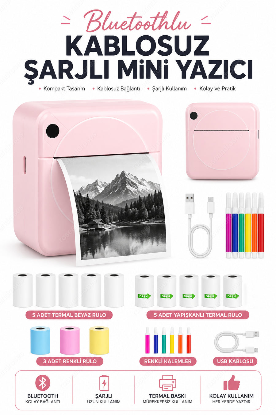 Bluetoothlu Kablosuz Mini Şarjlı Termal Siyah-Beyaz Yazıcı (Pembe)