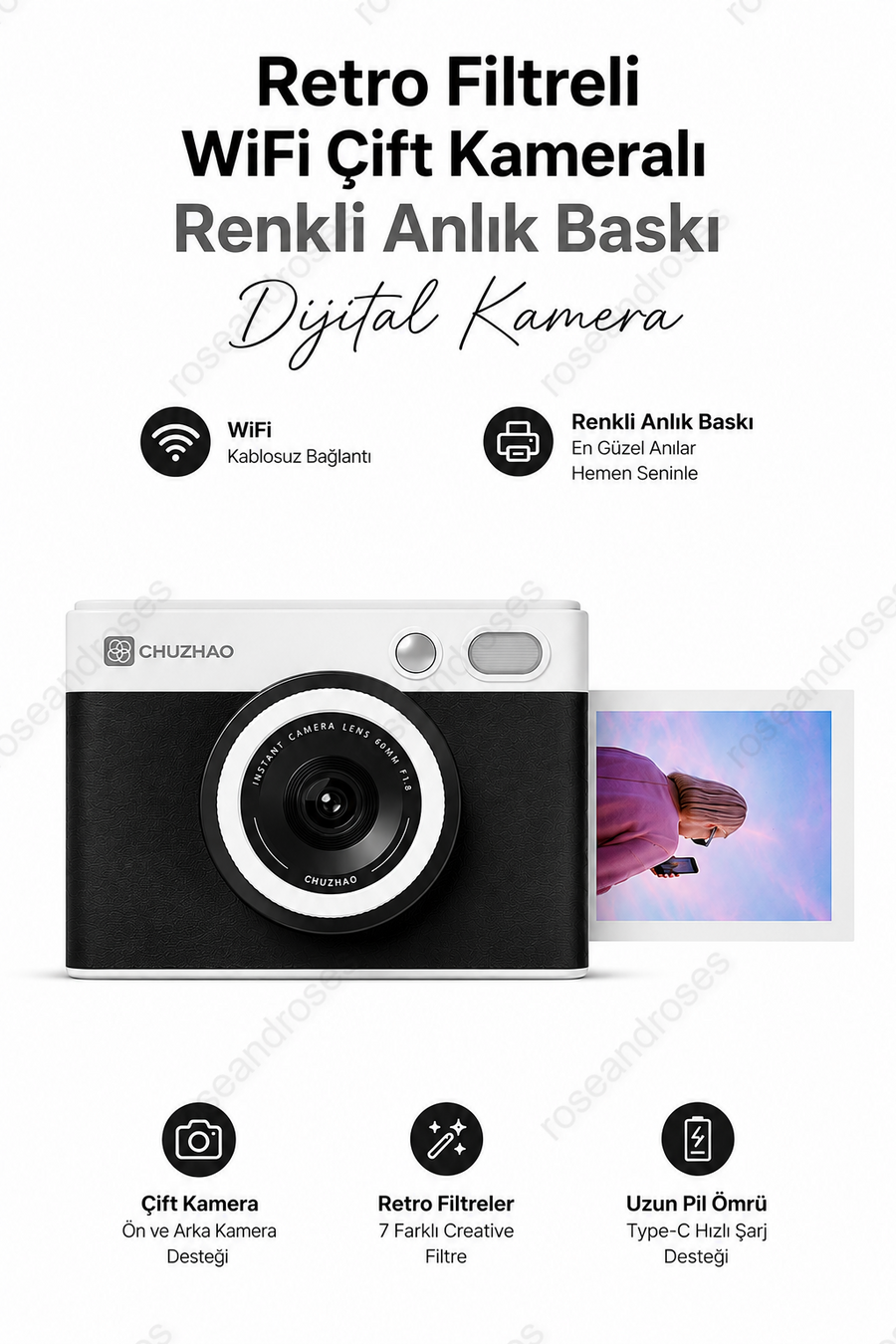 Retro Filtreli WiFi Çift Kameralı Renkli Anlık Baskı Dijital Kamera (Siyah)