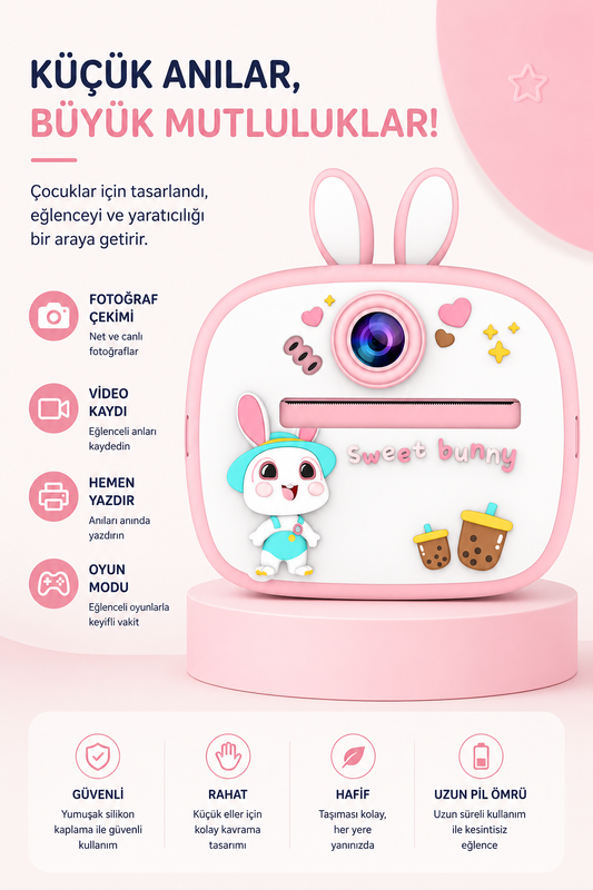 Silikon Korumalı Çift Kameralı Çocuk Printer Kamera (Tavşan Pembe)