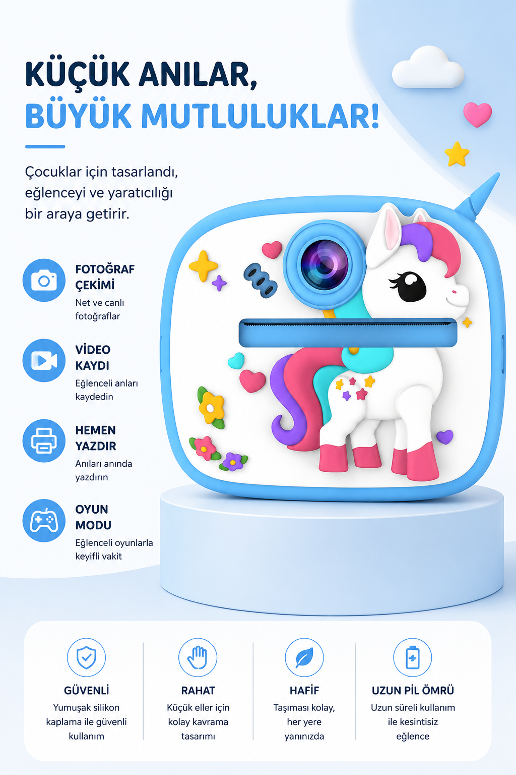 Silikon Korumalı Çift Kameralı Çocuk Printer Kamera (Unicorn Mavi)