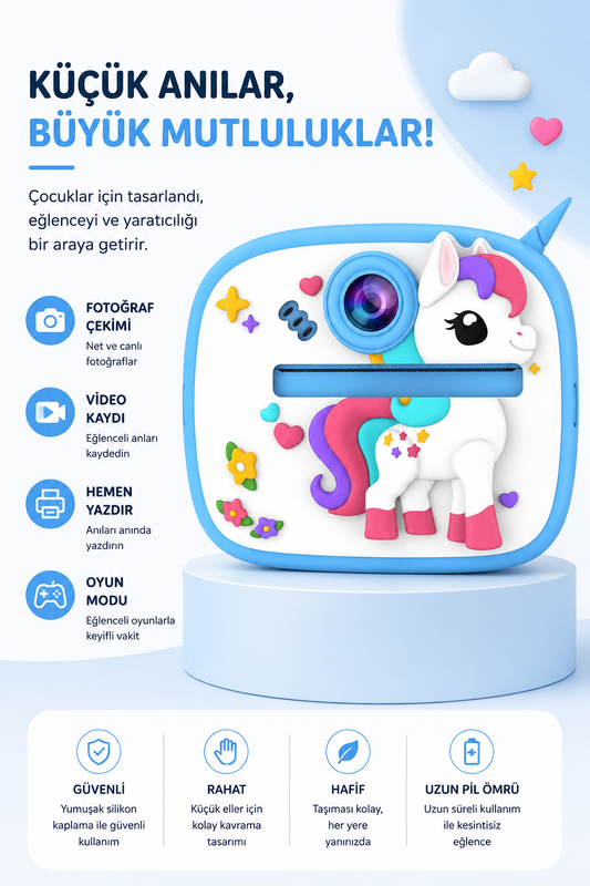 Silikon Korumalı Çift Kameralı Çocuk Printer Kamera (Unicorn Mavi)