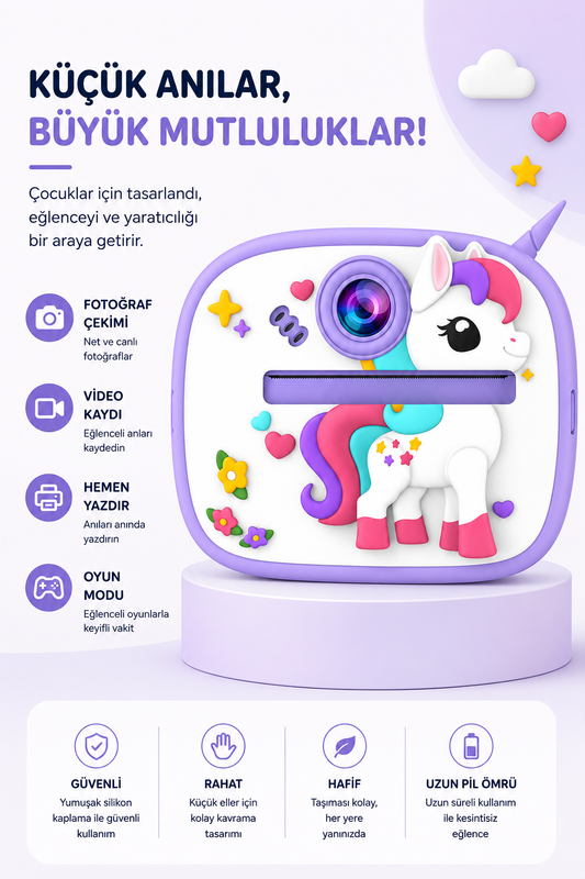 Silikon Korumalı Çift Kameralı Çocuk Printer Kamera (Unicorn Mor)