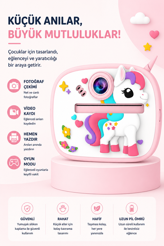 Silikon Korumalı Çift Kameralı Çocuk Printer Kamera (Unicorn Pembe)